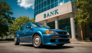 Carro azul estacionado em frente a prédio de banco com fachada de vidro refletindo a luz do sol.