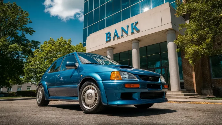 Carro azul estacionado em frente a prédio de banco com fachada de vidro refletindo a luz do sol.