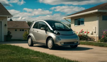 Carro elétrico pequeno em uma garagem suburbana com flores coloridas e céu azul claro acima.