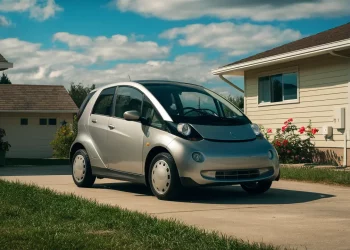 Carro elétrico pequeno em uma garagem suburbana com flores coloridas e céu azul claro acima.