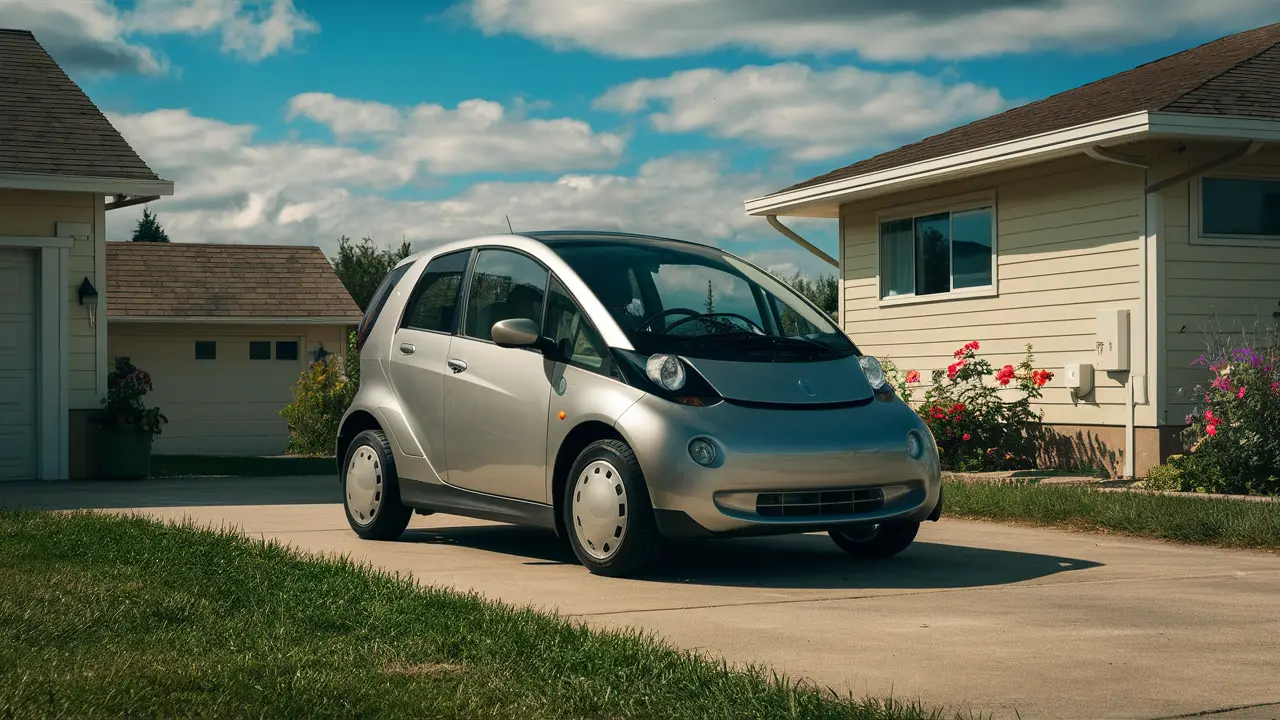 Carro elétrico pequeno em uma garagem suburbana com flores coloridas e céu azul claro acima.