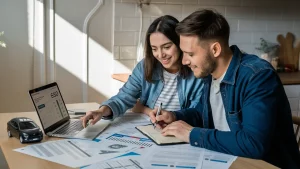 Casal jovem usando um laptop para calcular financiamento de veículo, com documentos e modelo de carro na mesa.