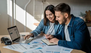 Casal jovem usando um laptop para calcular financiamento de veículo, com documentos e modelo de carro na mesa.