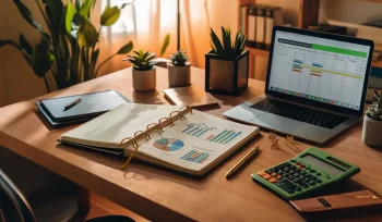 Escritório em casa com caderno aberto, calculadora, caneta dourada, plantas e laptop mostrando planilha de orçamento.