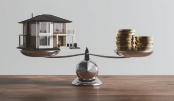 Casa em miniatura equilibrada em balança com moedas de ouro, representando empréstimo com imóvel em garantia.