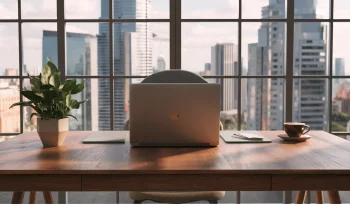 Escritório moderno com laptop prata, café e planta em mesa de madeira, janela ao fundo com vista da cidade.