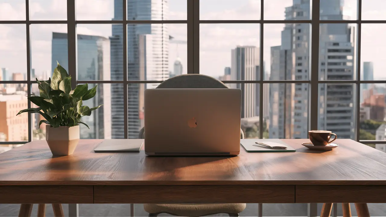 Escritório moderno com laptop prata, café e planta em mesa de madeira, janela ao fundo com vista da cidade.