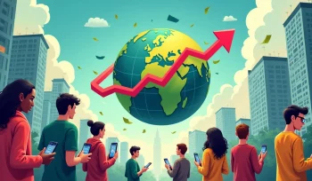 Ilustração do impacto da economia global nas finanças pessoais com pessoas em uma cidade observando gráficos financeiros.