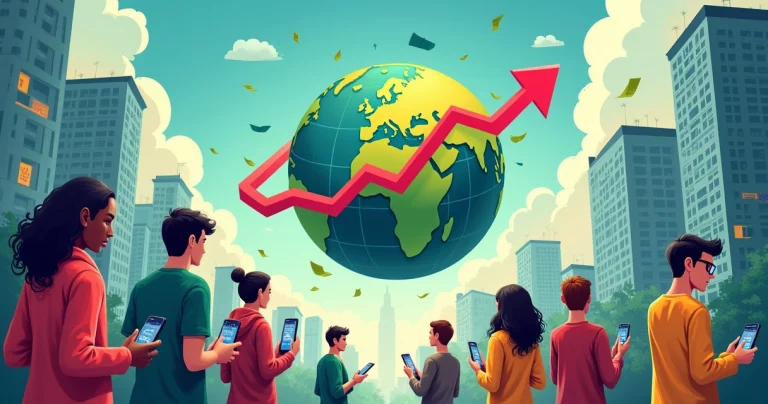 Ilustração do impacto da economia global nas finanças pessoais com pessoas em uma cidade observando gráficos financeiros.