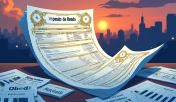 Ilustração detalhada do sistema tributário brasileiro de 2025 com documentação fiscal e gráficos.