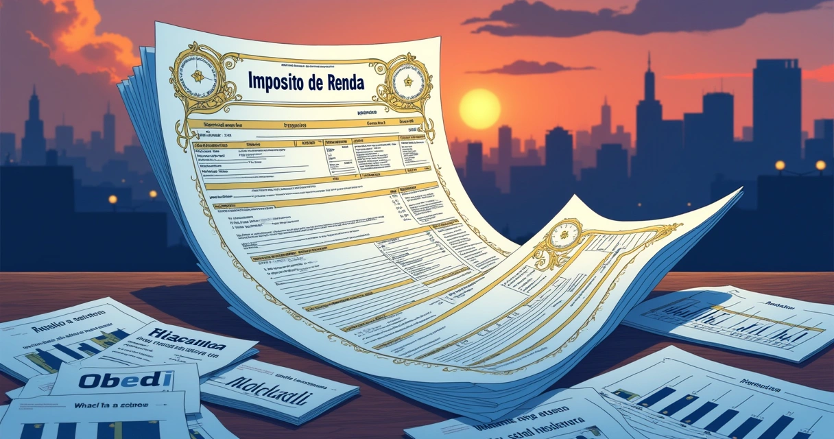 Ilustração detalhada do sistema tributário brasileiro de 2025 com documentação fiscal e gráficos.