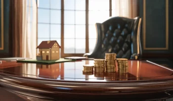 Modelo de casa em miniatura sobre mesa de madeira com moedas de ouro ao sol em escritório.