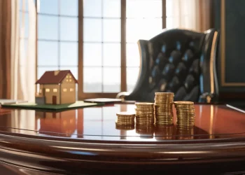 Modelo de casa em miniatura sobre mesa de madeira com moedas de ouro ao sol em escritório.