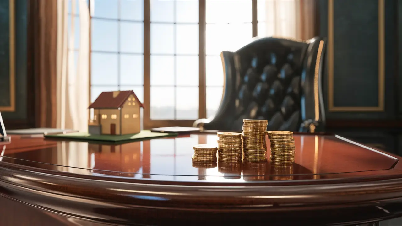 Modelo de casa em miniatura sobre mesa de madeira com moedas de ouro ao sol em escritório.