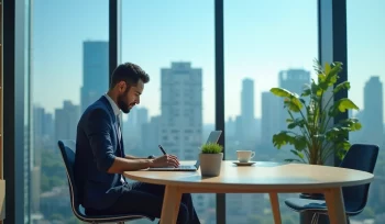 Homem escrevendo em laptop em escritório moderno com vista urbana e gráficos de crescimento financeiro.